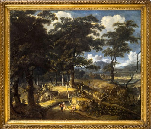 Jan Looten (1618-1681) - Paysage boisé avec des voyageurs et un village au loin